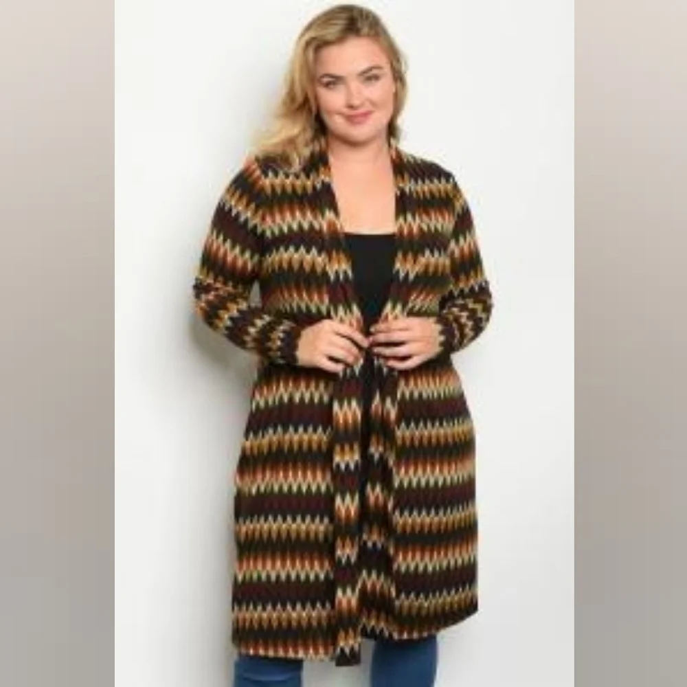 Angie Multicolor Zigzag Cardigan | Boho Open Front Duster Sweater S,  1X